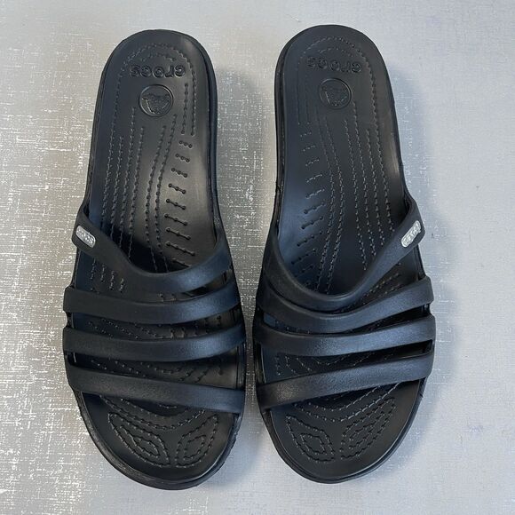 Crocs Rhonda Wedge Sandals Black Women's 8 Strappy Slip On Comfort Shoes - Picture 3 of 13